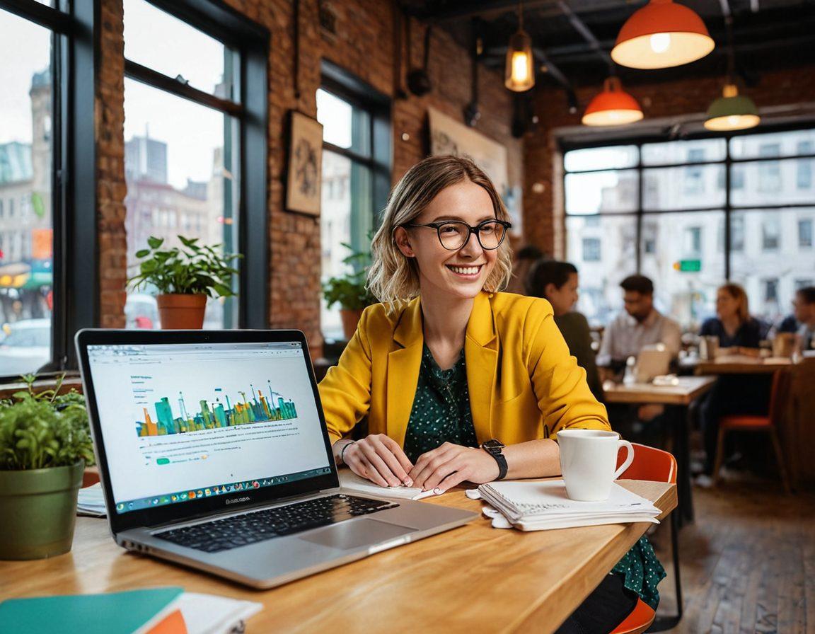 A dynamic scene depicting a person joyfully typing on a laptop at a cozy, well-lit café, surrounded by notebooks, coffee cups, and a small plant. In the background, abstract symbols of the digital world like social media icons, an upward career graph, and a typewriter merging into a modern skyline. The atmosphere conveys creativity, ambition, and the transition from hobby to profession. vibrant colors. super-realistic.